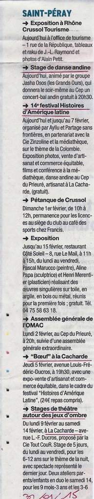 12 eme dition semaine "Histoires d'Amrique latine" de Saint-Pray en ardche avec l'association Ayllu et Partage sans Frontires - la presse